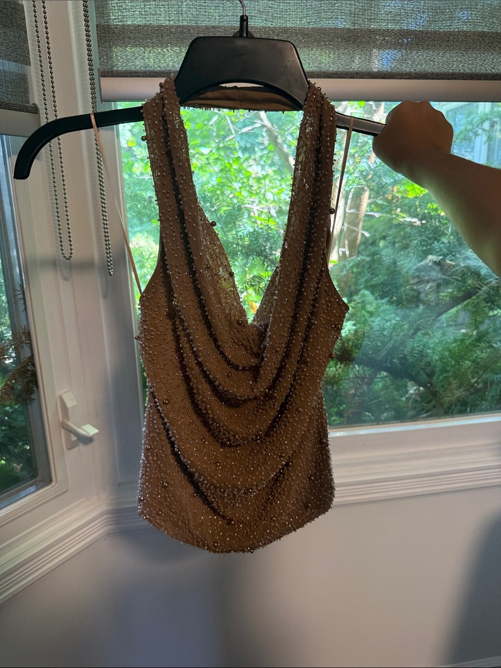 Embellished Cowl Neck Brown Tank Top